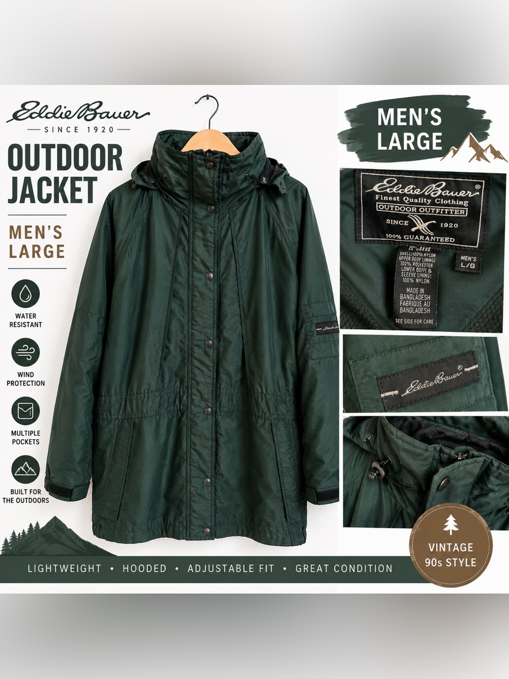 Eddie Bauer Vintage Green Outdoor Jacket Men’s Large Hooded Windbreaker